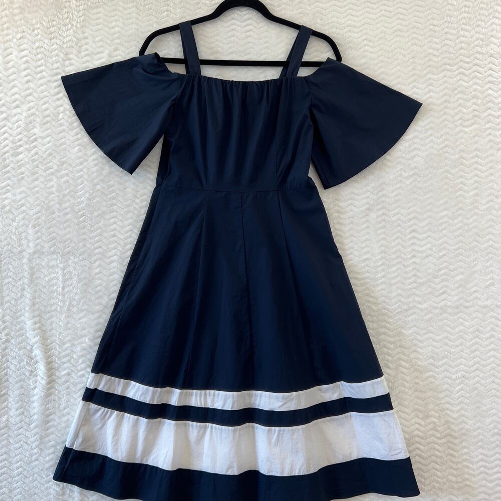 Tommy Hilfiger Navy Blue Off Shoulder Feminine Old Money Midi Dress Womens Small - Picture 2 of 14